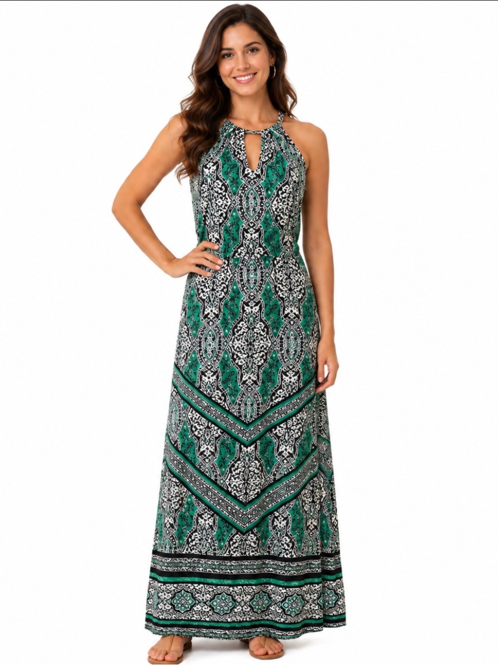 White House Black Market Paisley Halter Maxi Dress Green Petite SP